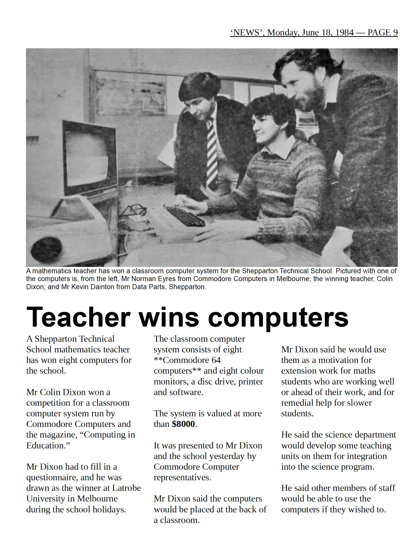 1984 newspaper article: Teacher wins computers